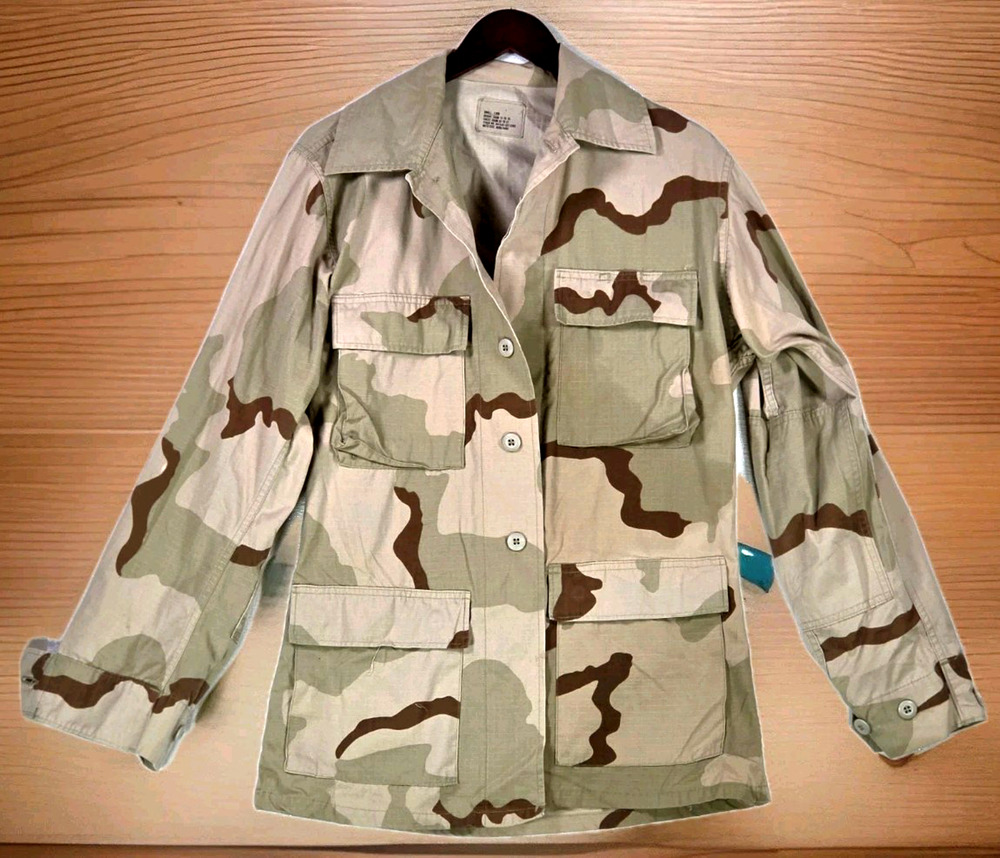 US Army Desert Camouflage Jacket Military Issue Combat Coat Vintage Small Long